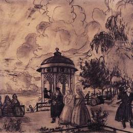 鲍里斯·克斯托依列夫(Boris Kustodiev)高清作品:Public garden on the bank of the Volga (festivities on the b