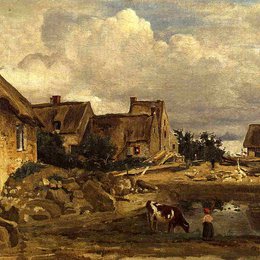《枫丹白露附近的一个农家庭院》卡米耶·柯罗(Camille Corot)高清作品欣赏