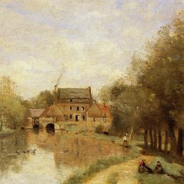 卡米耶·柯罗(Camille Corot)高清作品:Arleux du Nord, the Drocourt Mill, on the Sensee