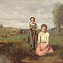 卡米耶·柯罗(Camille Corot)高清作品:Children beside a brook in the countryside, Lormes