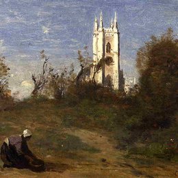 《风景带白色塔楼纪念品》卡米耶·柯罗(Camille Corot)高清作品欣赏