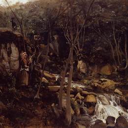 卡米耶·柯罗(Camille Corot)高清作品:Lormes, A Waterfall with a Standing Peasant, Spinning Wool