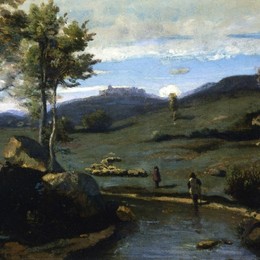 《罗马乡间的岩石山谷和一群猪》卡米耶·柯罗(Camille Corot)高清作品欣赏