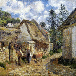 《奥弗斯的一条街（茅草屋和牛群）》卡米耶·毕沙罗(Camille Pissarro)高清作品欣赏