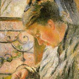 《毕沙罗夫人在窗边缝制的肖像》卡米耶·毕沙罗(Camille Pissarro)高清作品欣赏