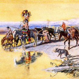 《旧式雪橇旅行我们印第安人》查尔斯·拉塞尔(Charles M. Russell)高清作品欣赏