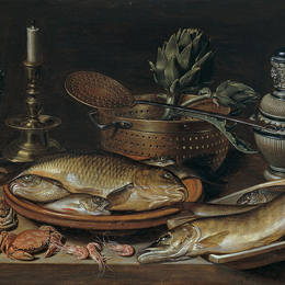 《鱼类、蜡烛、朝鲜蓟、蟹和虾的静物生活》克莱拉·佩特斯(Clara Peeters)高清作品欣赏