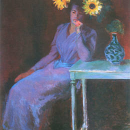 克劳德·莫奈(Claude Monet)高清作品:Portrait of Suzanne Hoschede with Sunflowers