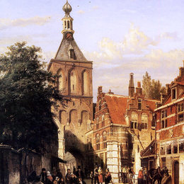 科内利斯·斯普林格(Cornelis Springer)高清作品:Binnenpoort in Culemborg