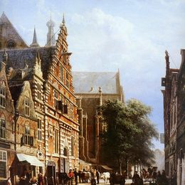 科内利斯·斯普林格(Cornelis Springer)高清作品:Vleeschhal and Grote Kerk in Haarlem