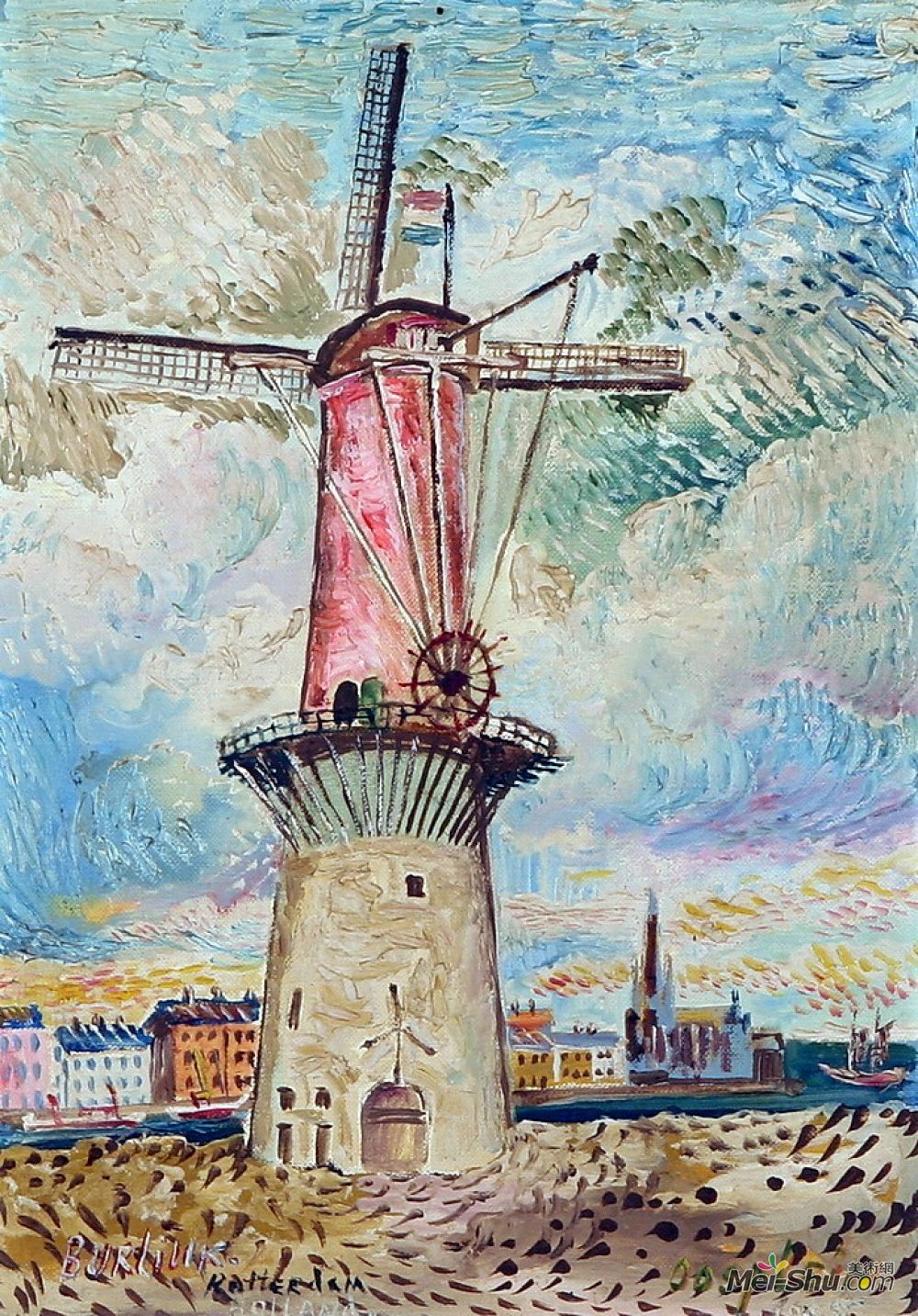 作品名:鹿特丹风车 艺术家:戴维·伯克 年代:1955;荷兰 风格:后印象派