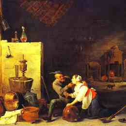 《一个老农民在一个马厩里招待一个厨房女仆。》戴维·特尼耶(David Teniers the Younger)高清作品欣赏