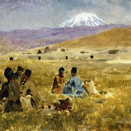 《波斯人在草地上吃草，远处的阿拉拉特》埃德温·罗德·威克斯(Edwin Lord Weeks)高清作品欣赏