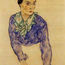 《一名妇女的画象有蓝色和绿色围巾的》埃贡·席勒(Egon Schiele)高清作品欣赏