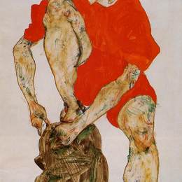 《鲜艳的红色夹克和裤子女模特》埃贡·席勒(Egon Schiele)高清作品欣赏