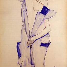 《站立女孩在一件蓝色礼服和绿色长袜，后面看法》埃贡·席勒(Egon Schiele)高清作品欣赏