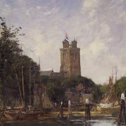 《多德雷赫特，来自运河的大教堂》尤金·布丹(Eugene Boudin)高清作品欣赏
