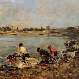 尤金·布丹(Eugene Boudin)高清作品:Laundresses on the Banks of the Touques