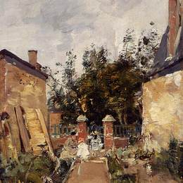 尤金·布丹(Eugene Boudin)高清作品:Madame S. with Her Children in Their Garden at Trouville