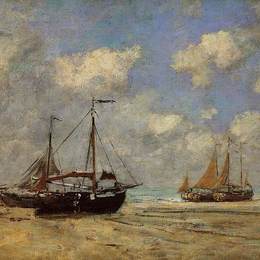 《斯海弗宁恩，搁浅在岸边的船只》尤金·布丹(Eugene Boudin)高清作品欣赏