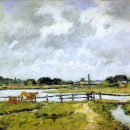 尤金·布丹(Eugene Boudin)高清作品:The Valley of the Touques. Cows in the Meadow.