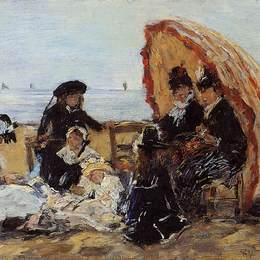 尤金·布丹(Eugene Boudin)高清作品:Trouville, on the Beach Sheltered by a Parasol