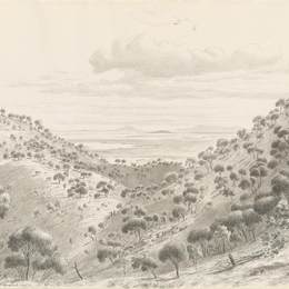 《从大象山火山口看比利牛斯山脉》约翰·约瑟夫·尤金·冯·盖拉德(Eugene von Guerard)高清作品欣赏