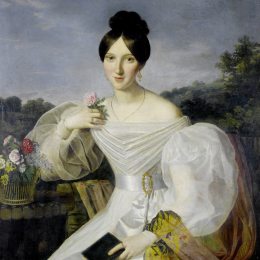 《一位身穿白色连衣裙、披着维也纳风景画的披肩的女士》费尔迪南德·乔治·瓦尔特米勒(Ferdinand Georg Waldm&amp;amp#252ller)高清作品欣赏