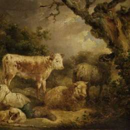 《小牛和绵羊》乔治·默兰德(George Morland)高清作品欣赏