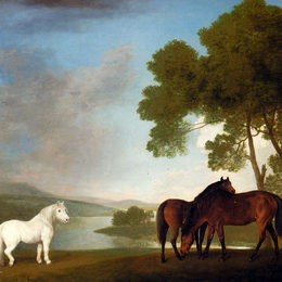 《两匹海湾母马和一匹灰色小马》乔治·斯塔布斯(George Stubbs)高清作品欣赏