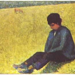 《坐在草地上的农家男孩》乔治·修拉(Georges Seurat)高清作品欣赏