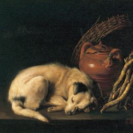 《与赤土陶器罐的一条睡觉狗》格利特窦(Gerrit Dou)高清作品欣赏