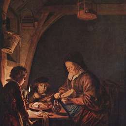 《老妇人切面包》格利特窦(Gerrit Dou)高清作品欣赏