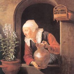 《老妇人浇灌的花》格利特窦(Gerrit Dou)高清作品欣赏