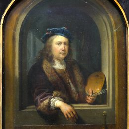 《自画像与托盘，在一位》格利特窦(Gerrit Dou)高清作品欣赏