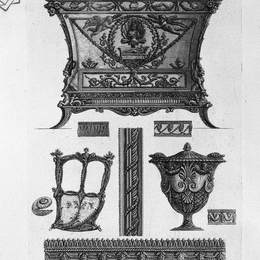 乔瓦尼·巴蒂斯塔·皮拉内西(Giovanni Battista Piranesi)高清作品:A chest of drawers, a side of the sedan, a decorative vase a