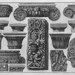 乔瓦尼·巴蒂斯塔·皮拉内西(Giovanni Battista Piranesi)高清作品:Several capitals and a bas-relief (Farnese Gardens, Villa Ba