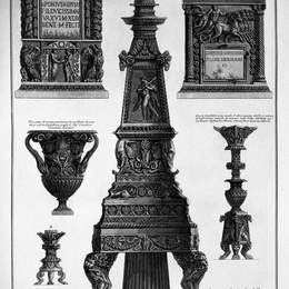 《三个烛台，一个花瓶和两块石头》乔瓦尼·巴蒂斯塔·皮拉内西(Giovanni Battista Piranesi)高清作品欣赏
