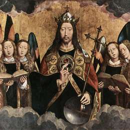 《基督祝福，来自库尔三联画的中央小组》汉斯·梅姆林(Hans Memling)高清作品欣赏