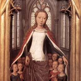 《圣厄休拉和圣女贞德，来自圣卢西亚的圣器》汉斯·梅姆林(Hans Memling)高清作品欣赏