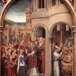 《圣厄秀拉和她的同伴们在罗马的到来见面》汉斯·梅姆林(Hans Memling)高清作品欣赏