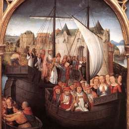 汉斯·梅姆林(Hans Memling)高清作品:The Departure of Saint Ursula from Basle, panel from The Rel