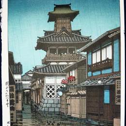 川濑巳水(Hasui Kawase)高清作品:Bell Tower in the Rain at Okuyama