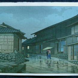 川濑巳水(Hasui Kawase)高清作品:Rain at Nissaka