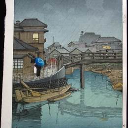 川濑巳水(Hasui Kawase)高清作品:Rainy Season at Ryoshimachi