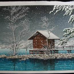 川濑巳水(Hasui Kawase)高清作品:Kansau Shrine in Snow at Lake Tazawa