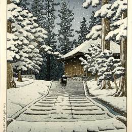 川濑巳水(Hasui Kawase)高清作品:Konjikido in Snow, Hiraizumi