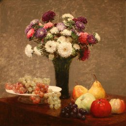 《桌子上的紫苑和水果》亨利·方丹·拉图尔(Henri Fantin-Latour)高清作品欣赏