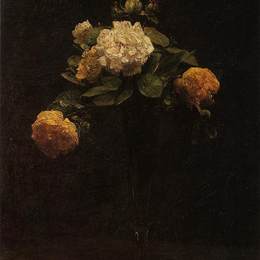 《花瓶里的白色和黄色玫瑰》亨利·方丹·拉图尔(Henri Fantin-Latour)高清作品欣赏