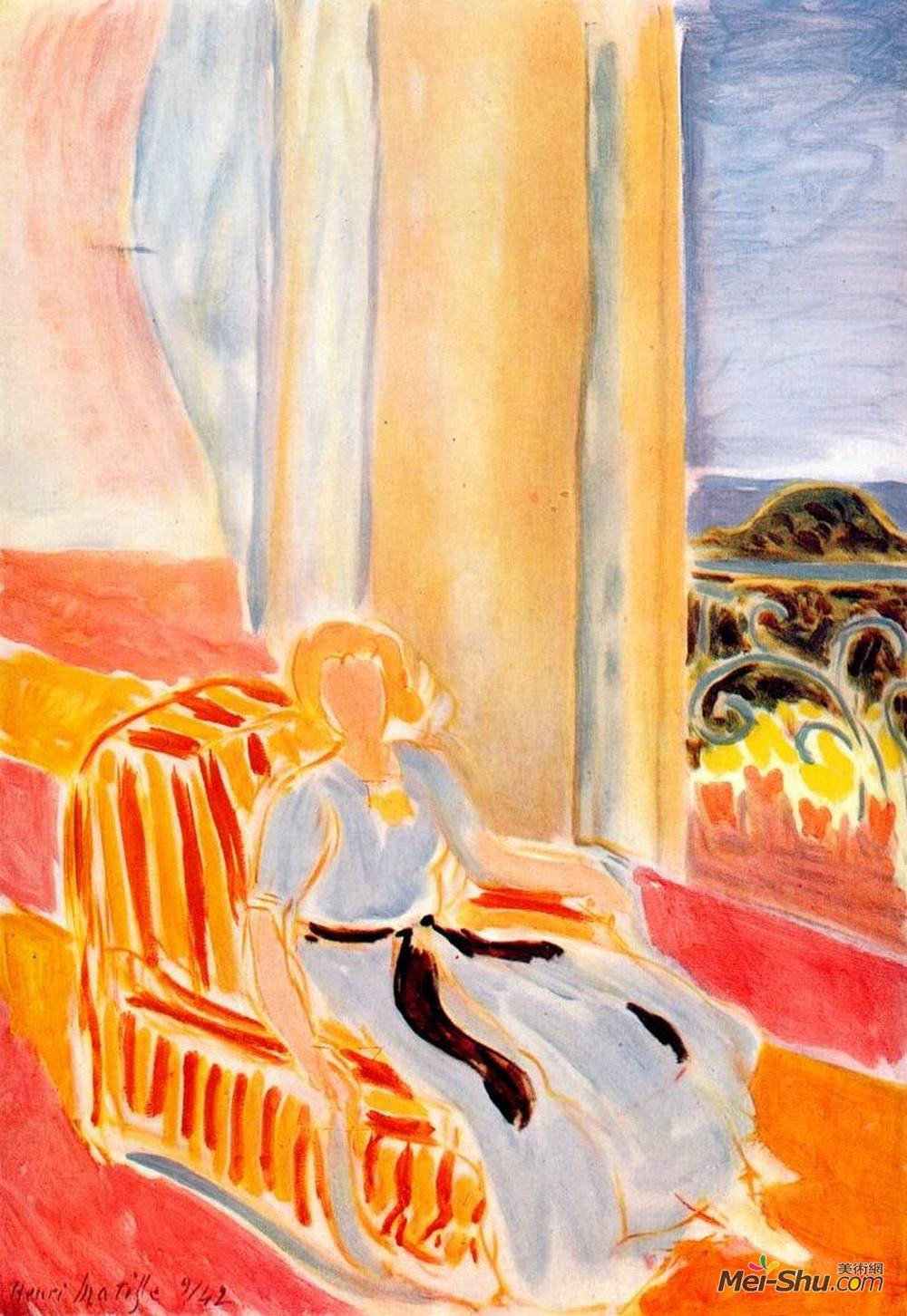 画3592《穿着白袍的女孩坐在窗边》亨利·马蒂斯(henri matisse)高清